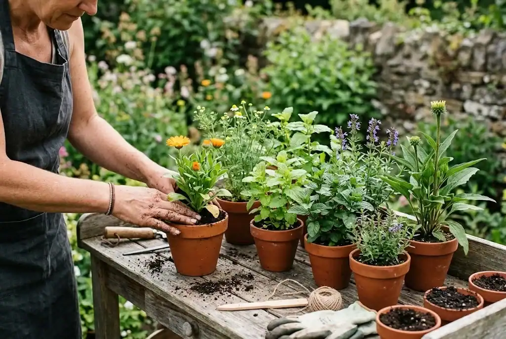 Starter pots of calendula, chamomile, lemon balm, peppermint, hyssop, and echinacea on a potting bench