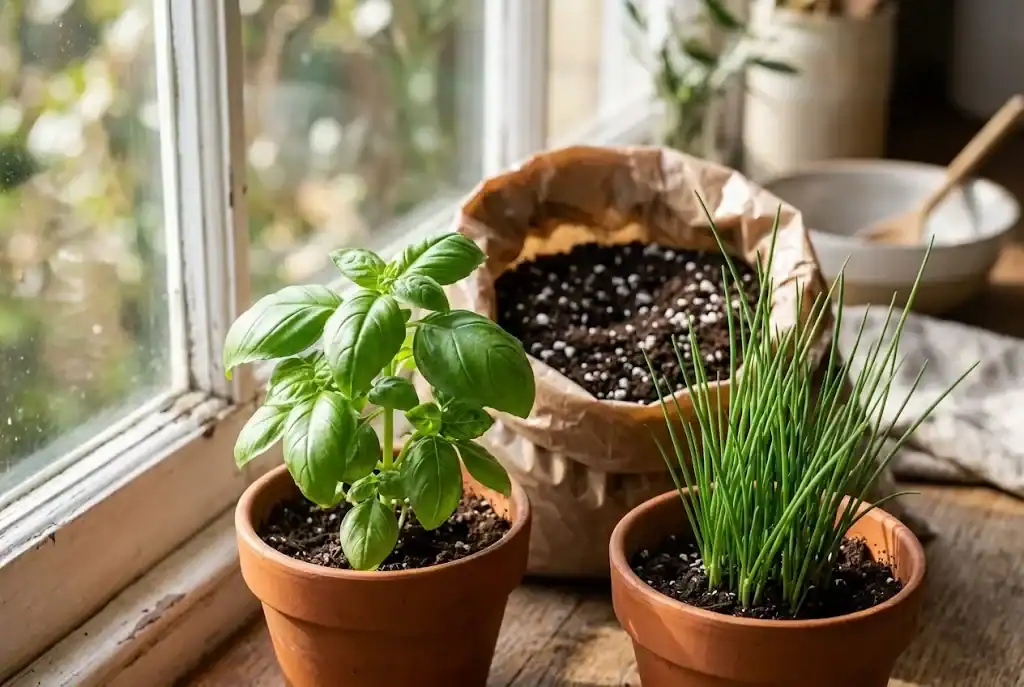 Starter pots of sweet basil and chive on a sunny windowsill with a small bag of potting mix