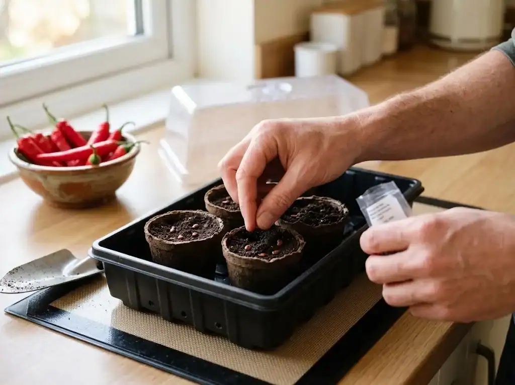 Gardener sowing red chili seeds into a seed tray on a kitchen counter with a heat mat and humidity dome