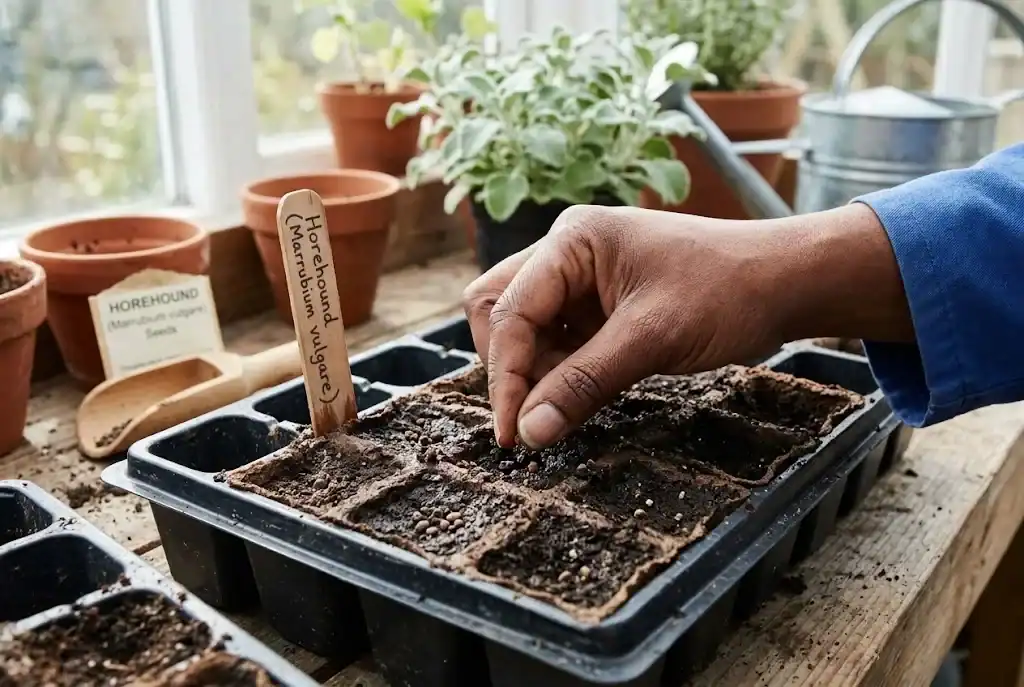 Sowing small horehound seeds shallowly onto moist seed-starting soil in a potting tray