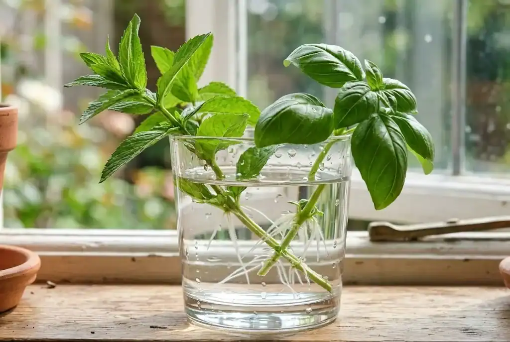 Sweet basil and mint stem cuttings developing healthy white roots in a clear glass tumbler of water