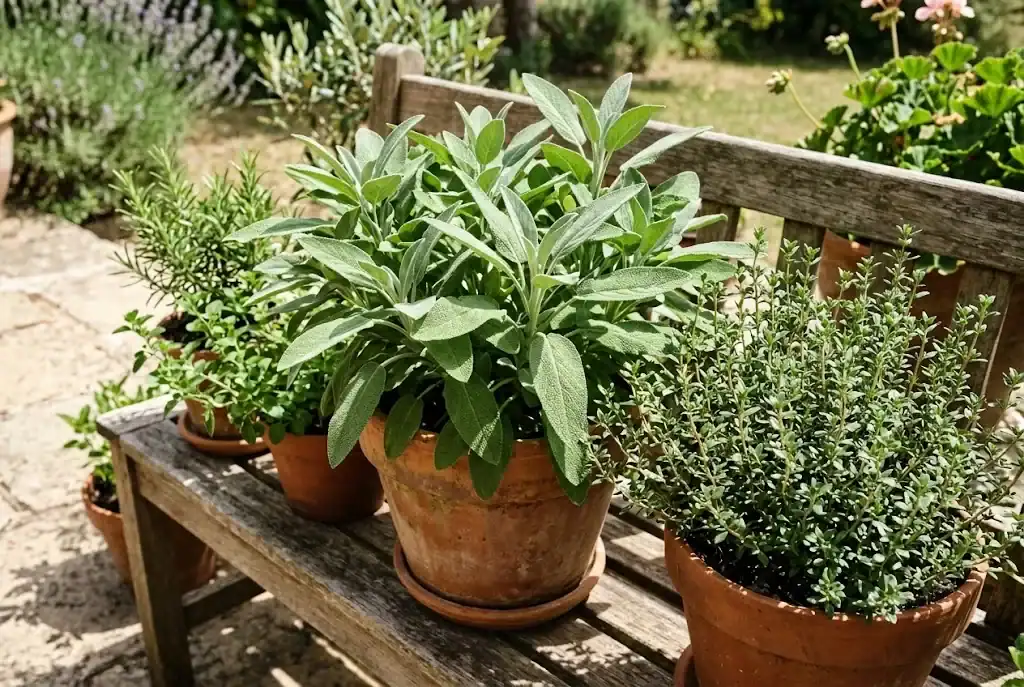 Potted culinary herbs like sage and thyme arranged on a sun-drenched outdoor patio bench
