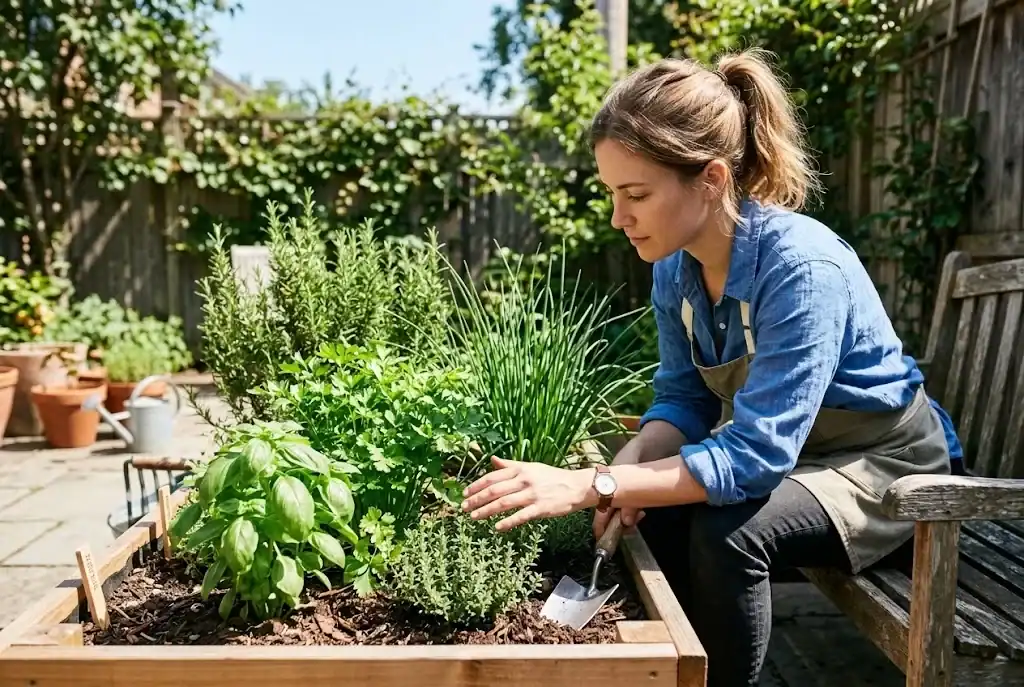 A gardener checking sunlight beside a compact raised herb bed