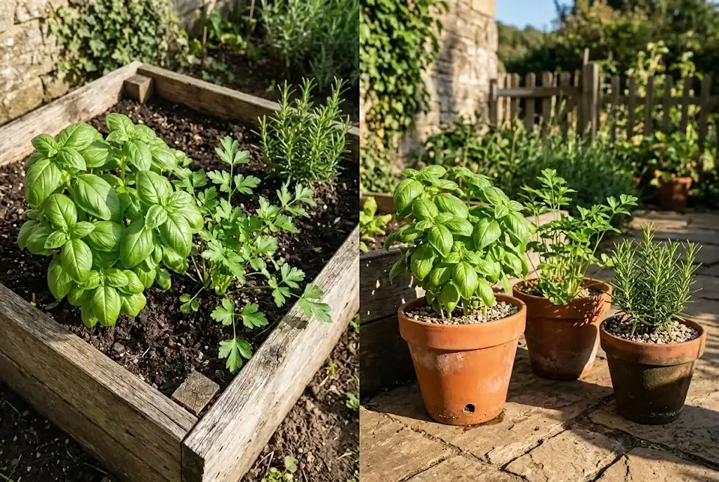 A small home herb garden split between a raised bed on the left and a row of clay pots on a sunny patio on the right