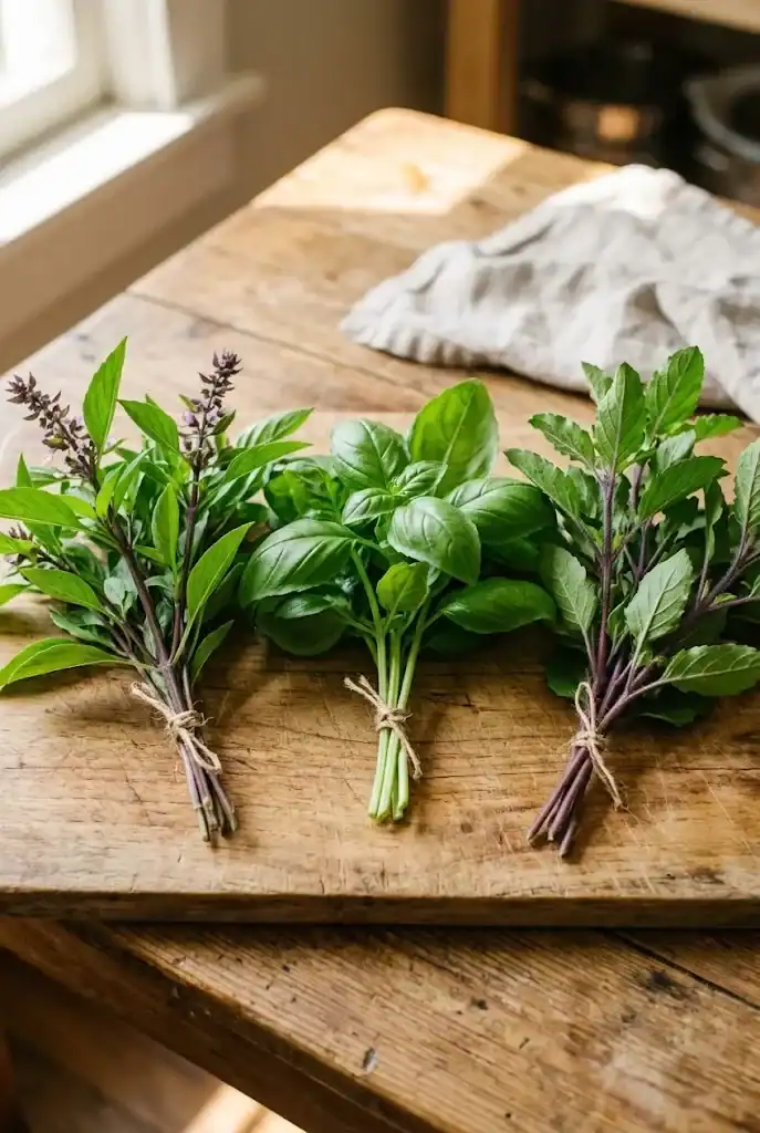 Three bunches of Thai basil, sweet Italian basil, and holy basil side by side for visual comparison
