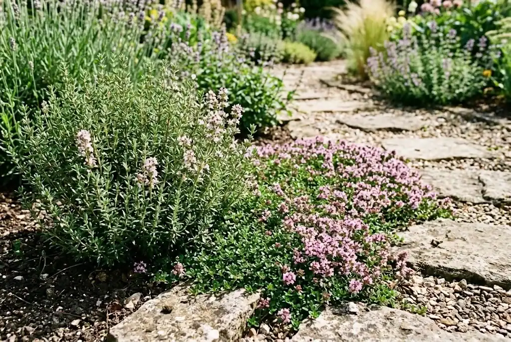 Side-by-side comparison of upright common thyme and creeping ground cover thyme
