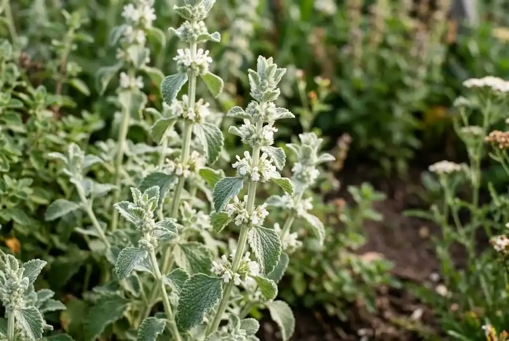 Tender upper shoots of white horehound with whorled flower buds ready for seasonal harvest