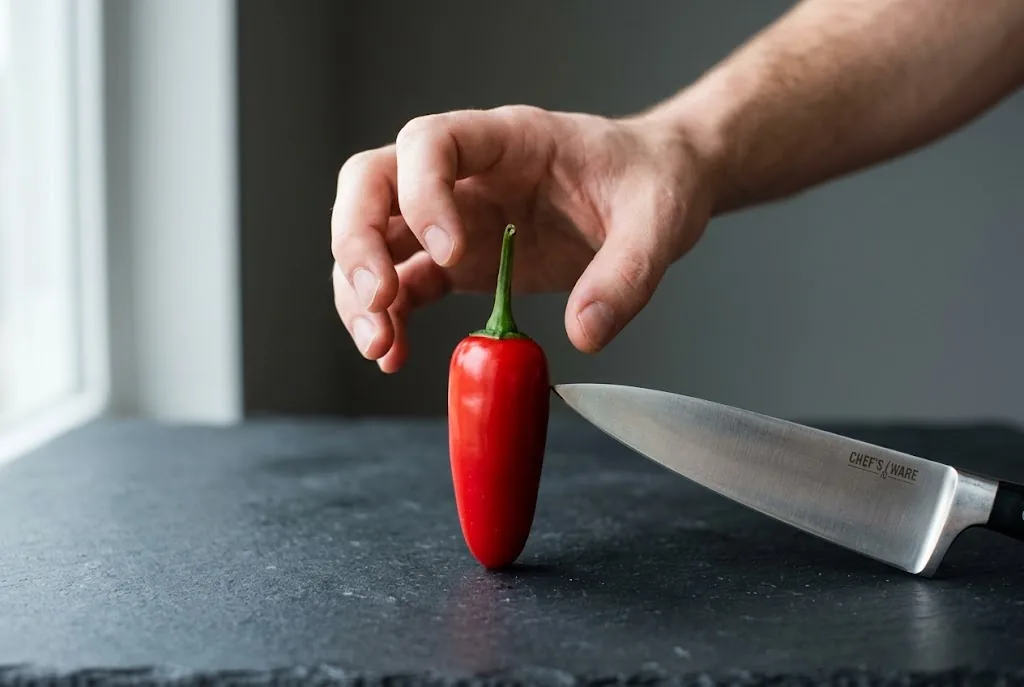 A whole fresh red ripe jalapeño pepper standing upright on dark matte slate with a chef's knife resting at a forty-five degree angle and an adult hand showing the safe curled-finger grip position behind the pod