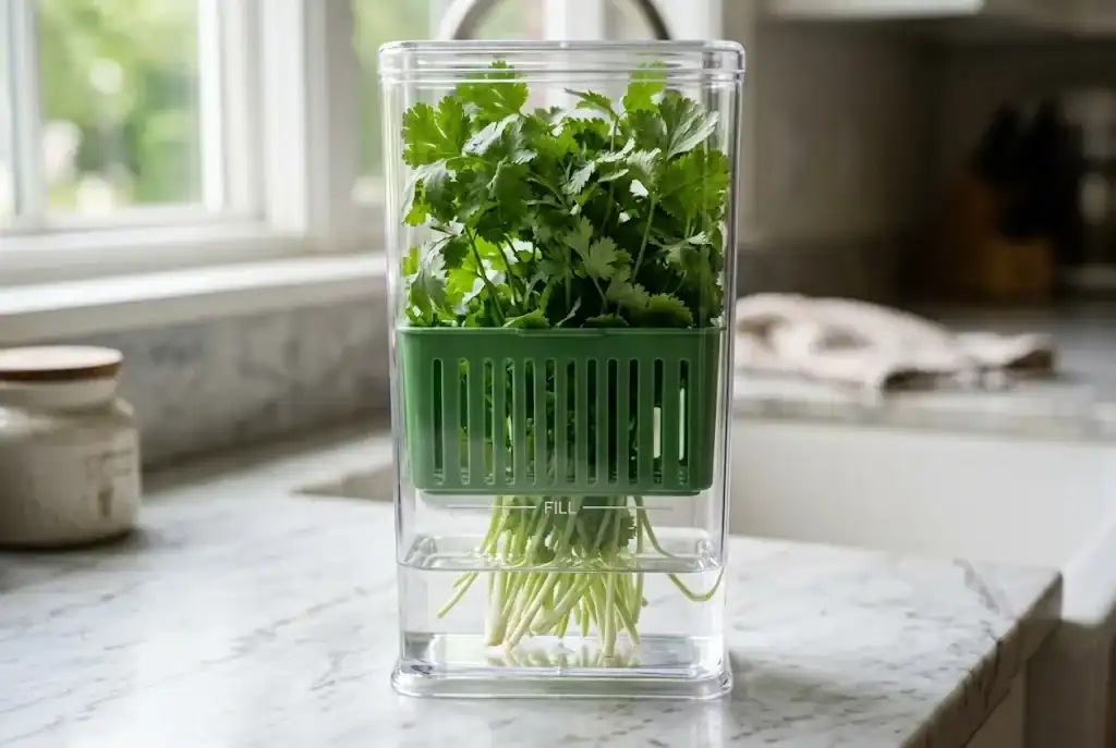 Upright acrylic herb keeper with a green removable basket holding fresh cilantro stems in water on a kitchen counter