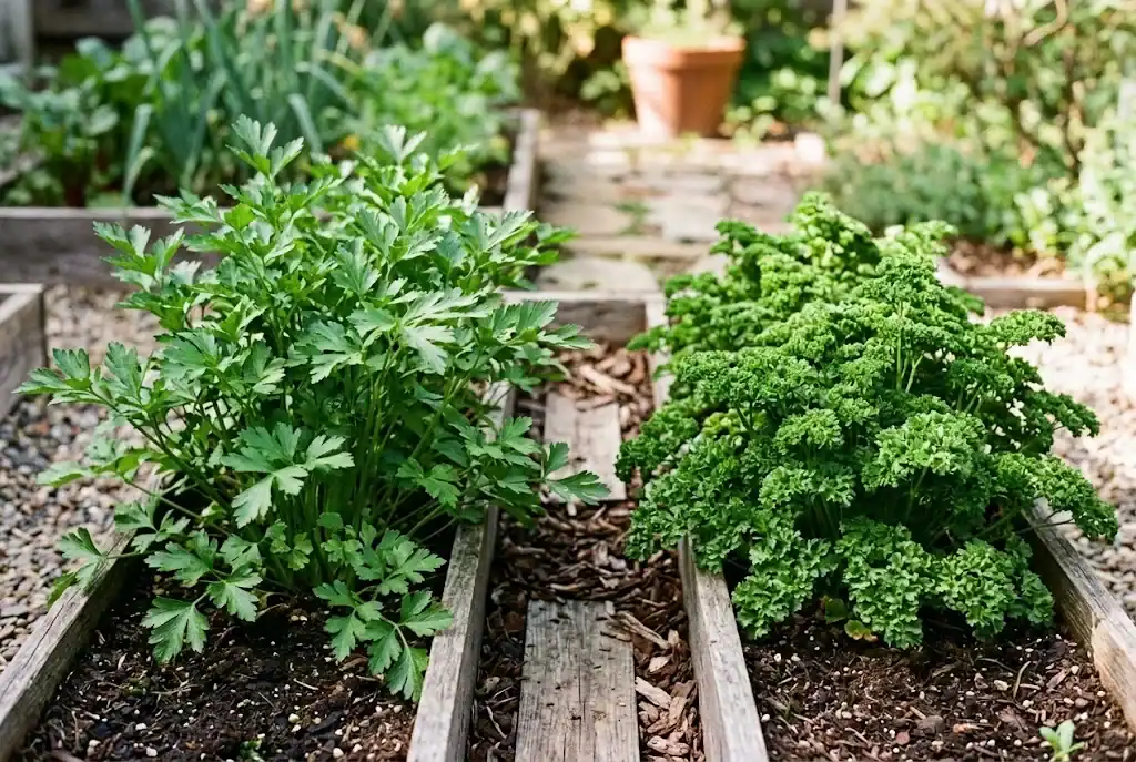 Flat-leaf and curly parsley growing side by side