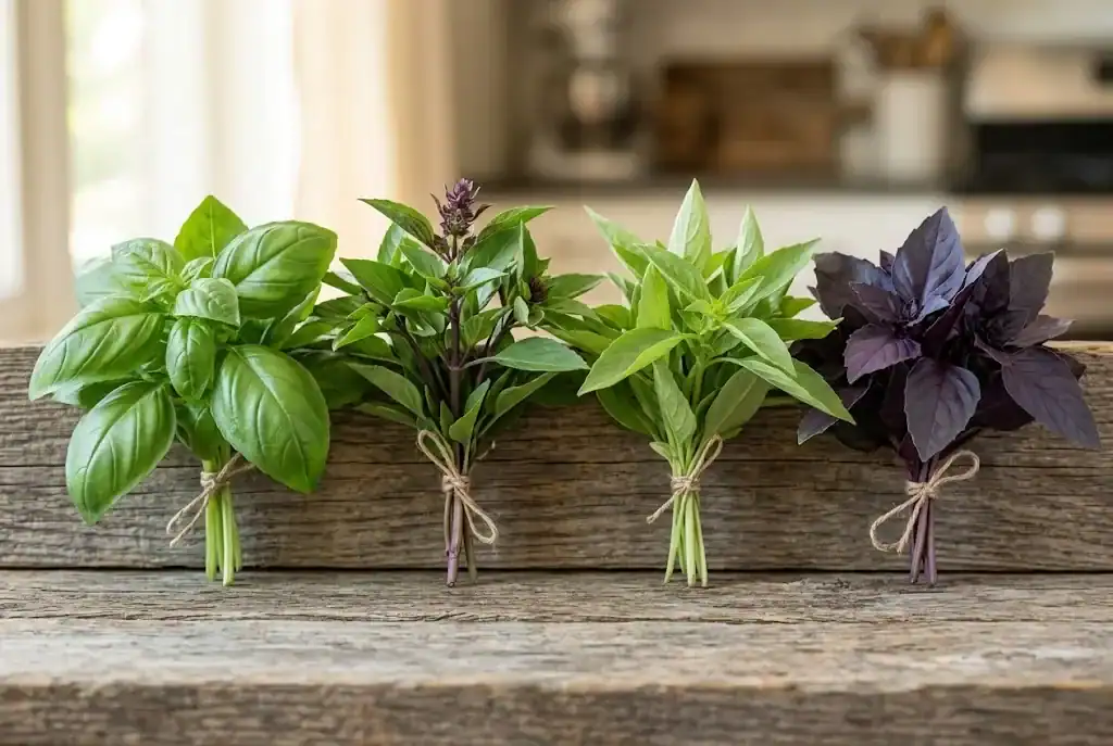 Four bunches of basil varieties lined up on a wooden board, showing sweet Genovese, Thai, lemon, and purple basil