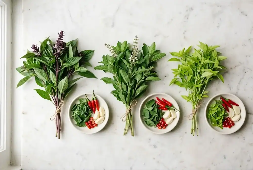 Three bundles of fresh culinary Asian basil varieties including Thai sweet basil, holy basil, and lemon basil