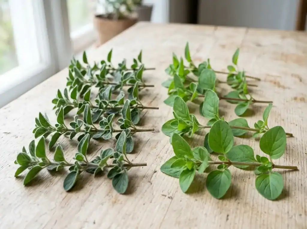 Freshly cut sprigs of Greek and Italian oregano cultivars on a wooden surface