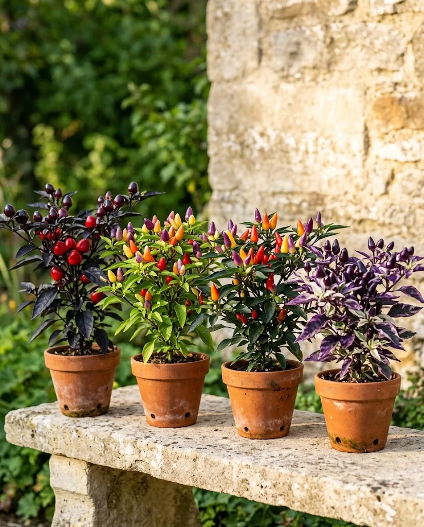Side by side row of four compact ornamental Capsicum annuum varieties in small terracotta pots on a sunny stone garden bench, each plant in a different color stage from purple to red