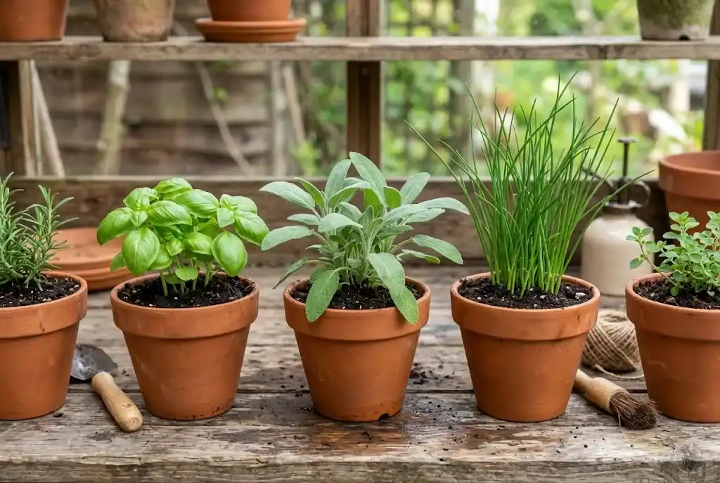 Terracotta pots on a wooden garden potting bench holding healthy organic seedlings of basil, sage, and chives