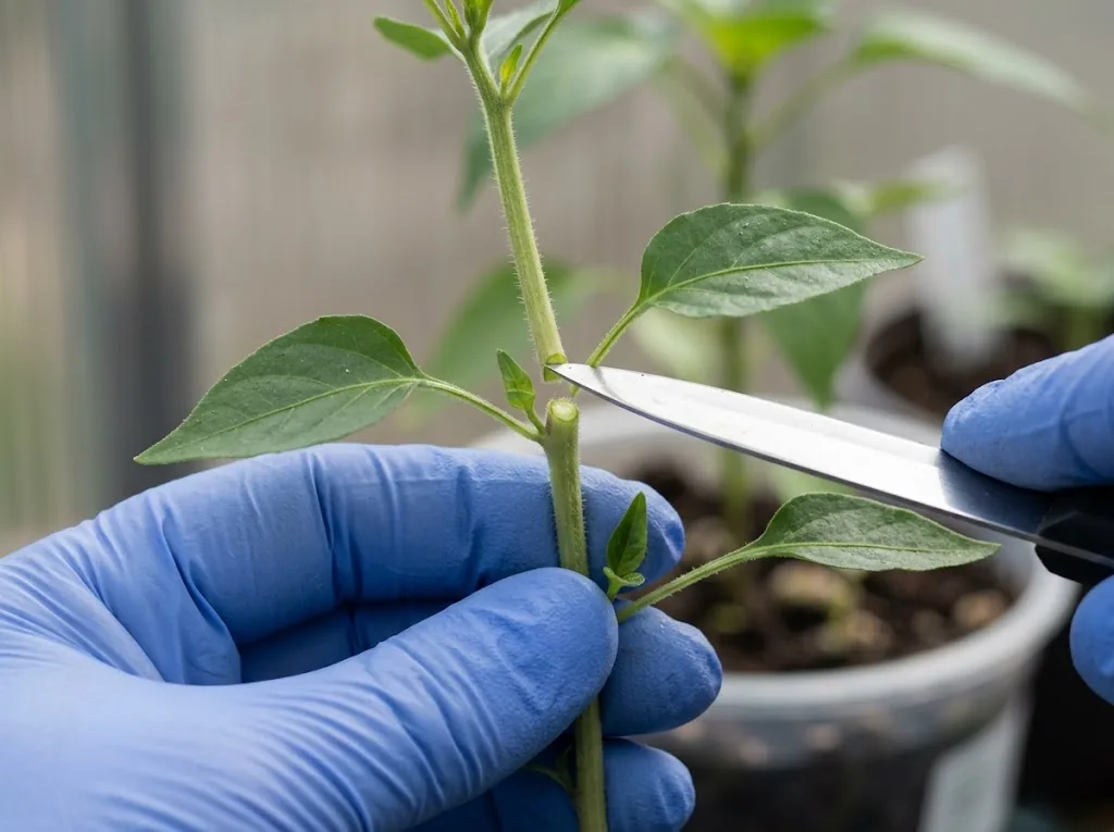 Gloved hand with a paring knife pointing to a fresh pruning cut made about five millimeters above a leaf node on a chili plant stem, with a second completed cut visible below.