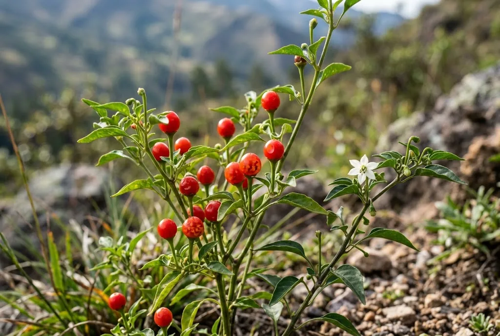 Living wild chiltepin bush bearing tiny scarlet spherical ripe berries held erect on slender green stems in a Mexican hillside landscape