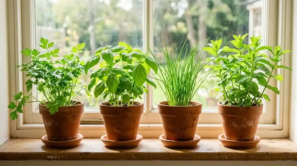 Four small terracotta pots of culinary herbs including parsley, basil, chives, and mint on a sunny kitchen windowsill
