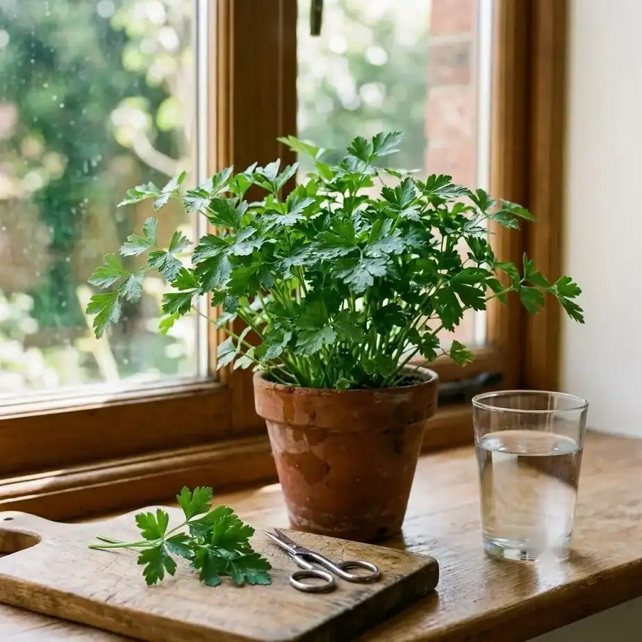 A flat-leaf parsley plant in a small terracotta pot on a sunny kitchen windowsill with a glass of water beside it
