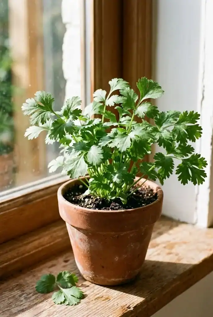 Young cilantro plant in a terracotta pot on a sunny windowsill, ready for its first cut