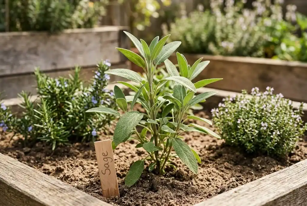 Young common sage plant growing in a sunny raised bed of sandy loam