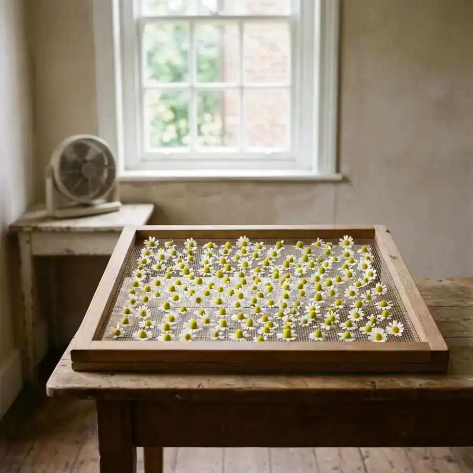 A wooden mesh drying rack with chamomile flowers spread in a single layer in a sunlit room