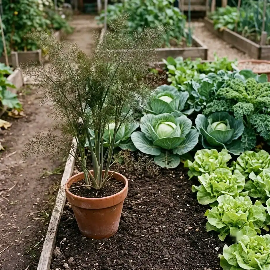 A bed corner where fennel sits apart from the rest of the herbs, illustrating isolation