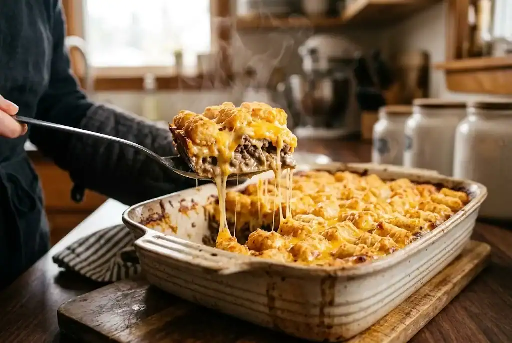 Bubbly homemade tater tot casserole in a 9x13 baking dish with a serving spoon lifting a portion