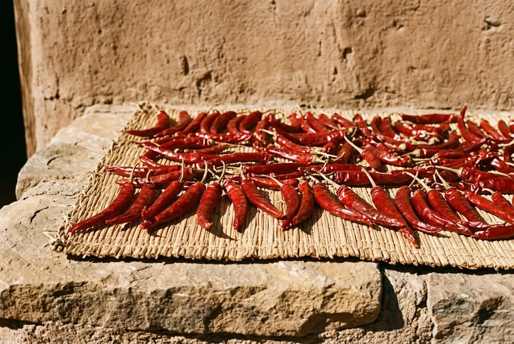 Long thin red cayenne peppers drying in a single layer on a woven reed mat in direct afternoon sun