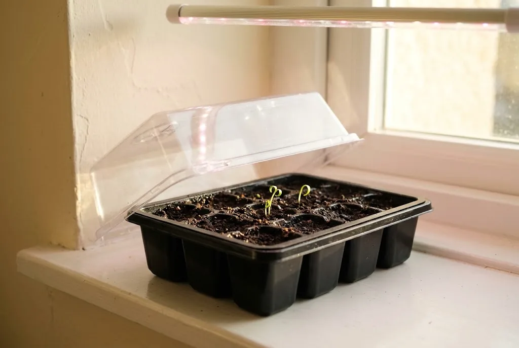 Seedling cell flat under LED grow lights with propped humidity dome on an indoor gardening shelf