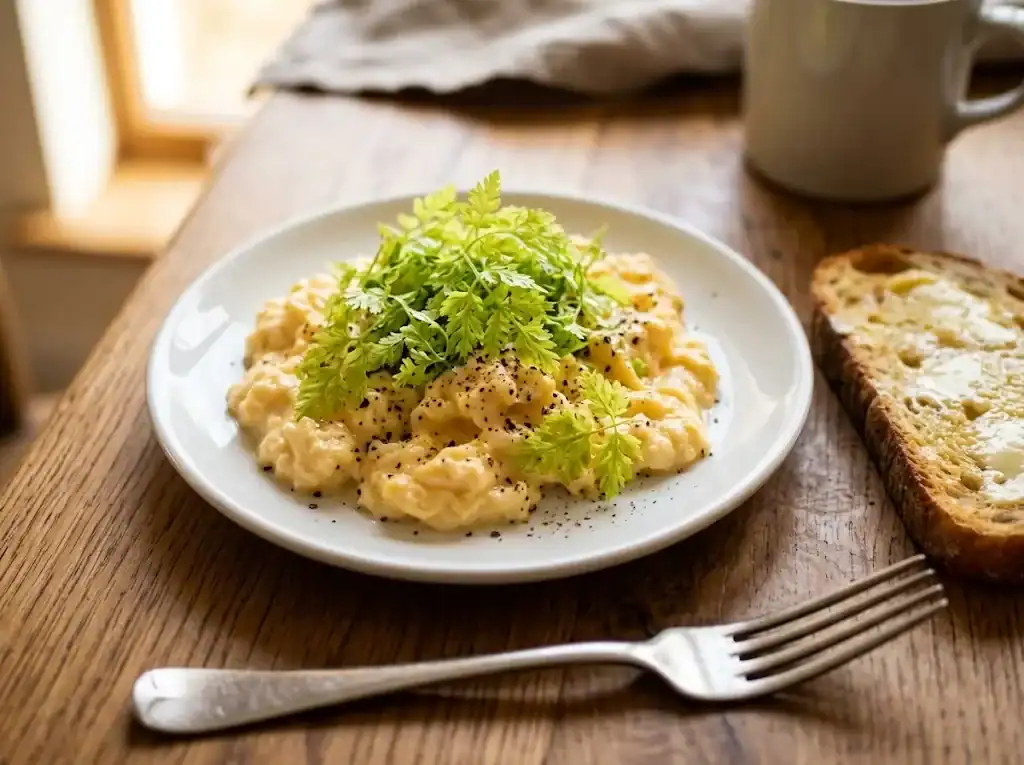 Scrambled eggs topped with a generous spoonful of chopped chervil on a small white plate