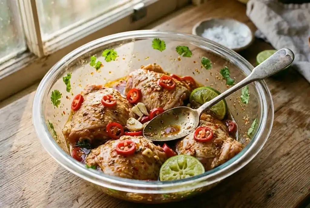 Bone-in chicken thighs marinating in a glass bowl with sliced red chili, lime, and garlic