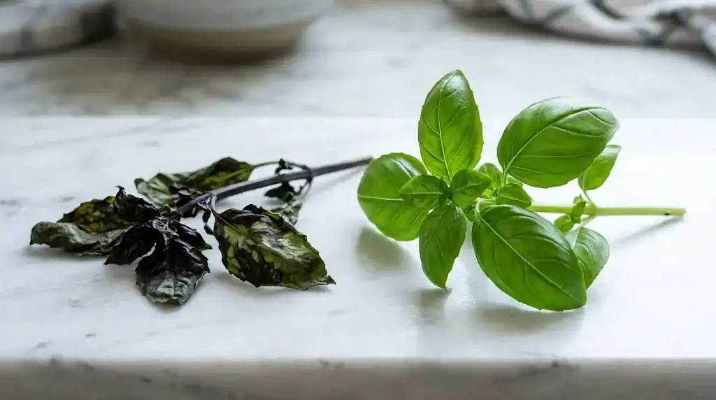 Side-by-side comparison of blackened cold-damaged basil leaves and crisp bright green fresh basil