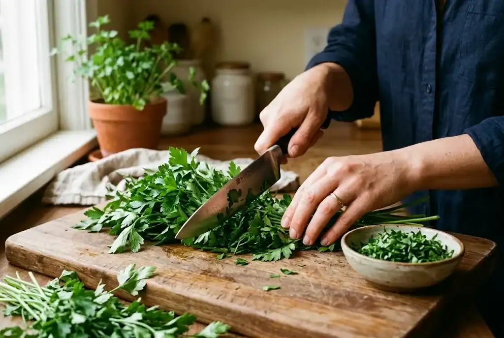 Hands chopping fresh flat-leaf parsley on a wood board