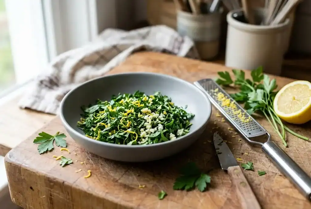 Freshly prepared Milanese gremolata with minced flat-leaf parsley, lemon zest, and minced garlic