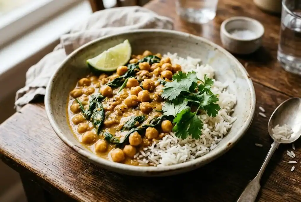 Coconut chickpea curry with spinach over rice and a lime wedge