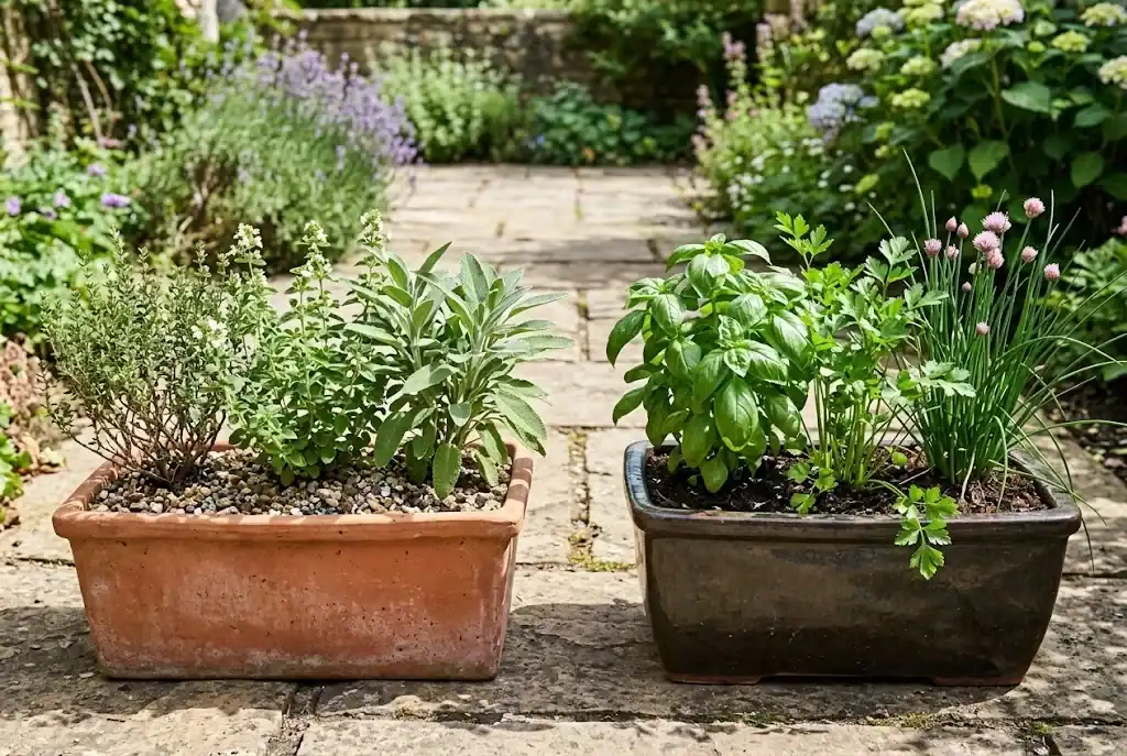 Two planters grouping dry-loving herbs separately from herbs that prefer steady moisture