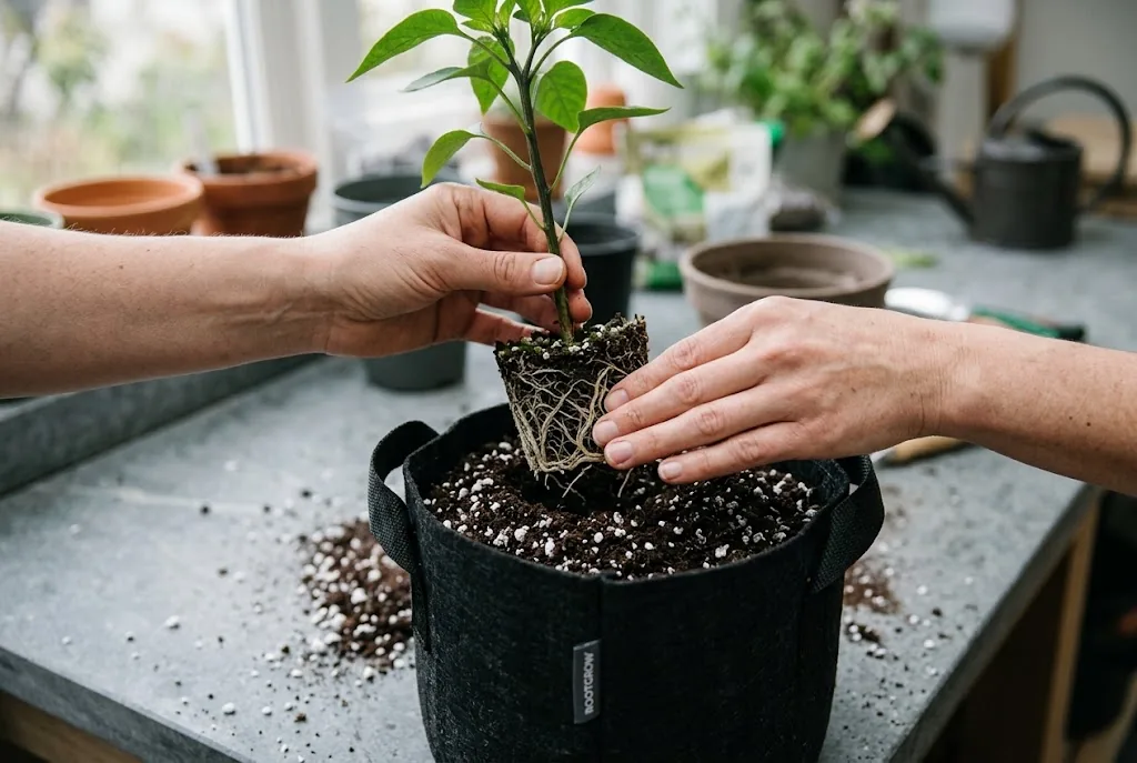 Gardener hands potting up a young indoor chili plant with healthy pale roots into a fabric pot with perlite mix