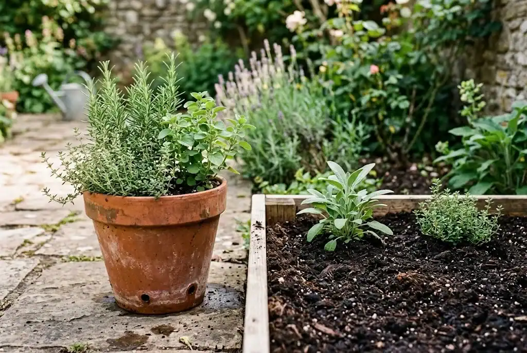 A terracotta container of rosemary, thyme, and oregano beside a raised garden bed with young herb plantings