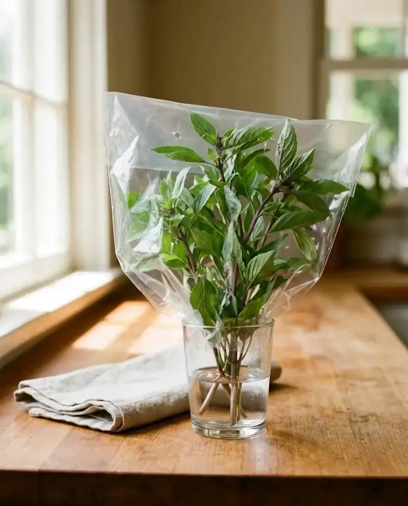 Thai basil stems standing in a small glass of water on a sunny kitchen counter