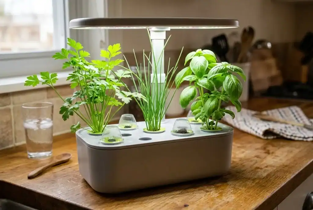 A six-pod countertop hydroponic herb garden with parsley, chives, and basil on a kitchen counter, three slots holding fresh nursery seed pods under clear domes