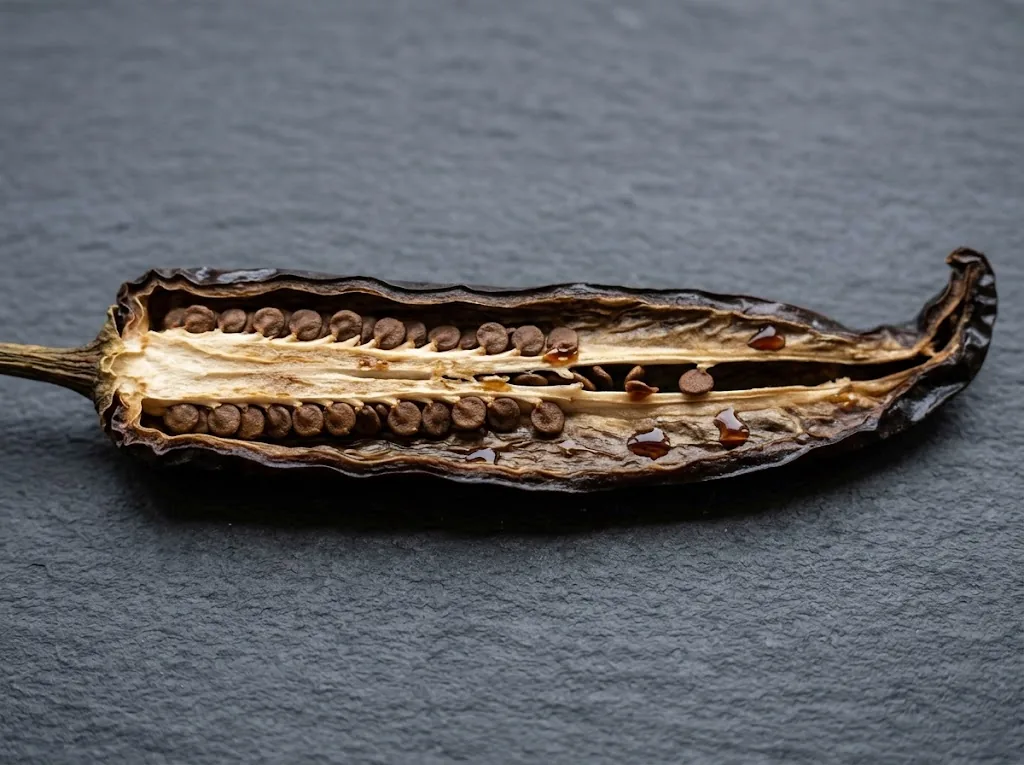 Halved dried pasilla pod showing wrinkled walls, seeds, and placenta