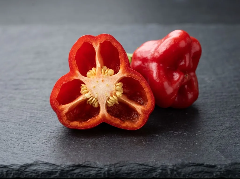 Halved ripe red Bishop's Crown pepper on a dark slate slab revealing the hollow winged lobes and central seed placenta