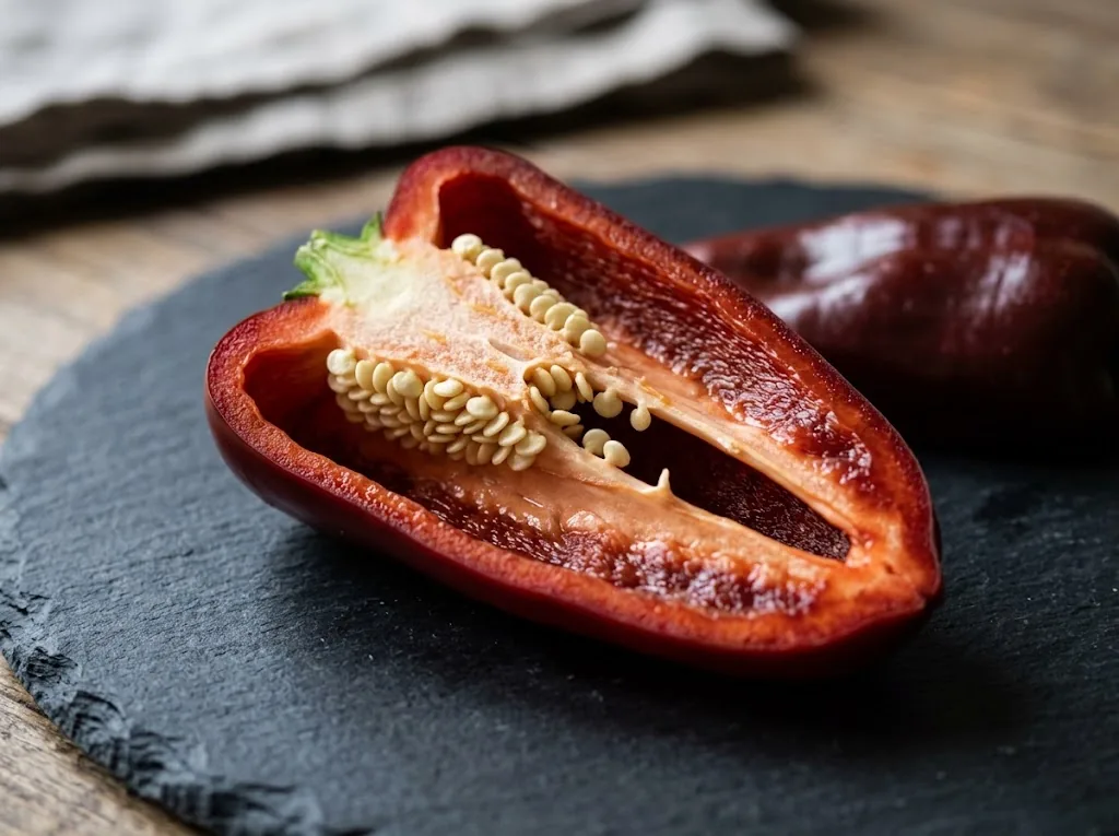 A halved ripe red poblano pepper on matte dark slate, showing pale placenta ridge and yellow seeds.