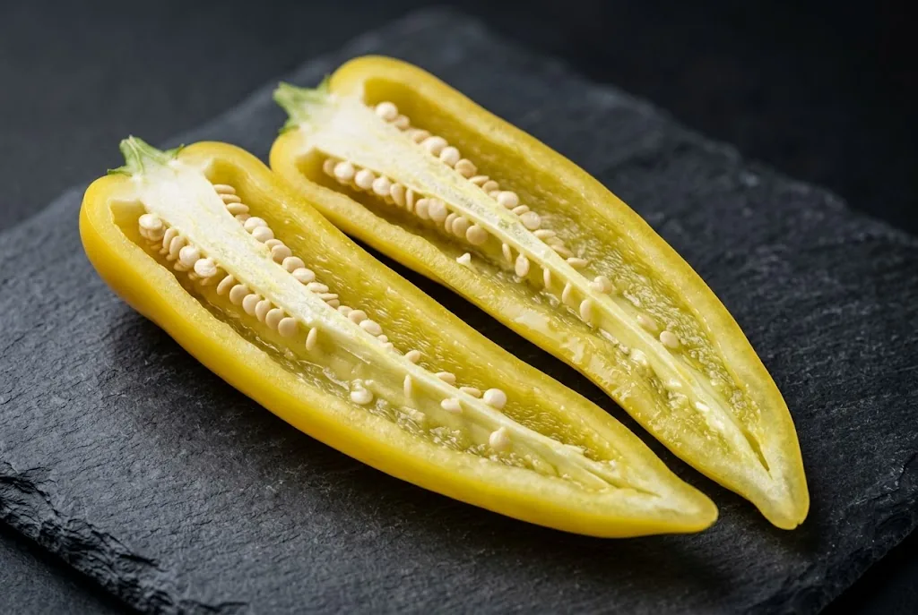 Halved ripe yellow banana pepper cross-section showing thick walls, placenta and seeds on dark slate
