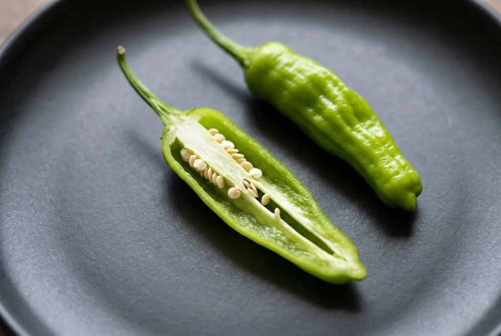 A halved green shishito pod on a dark plate showing thin walls, placenta, and seeds
