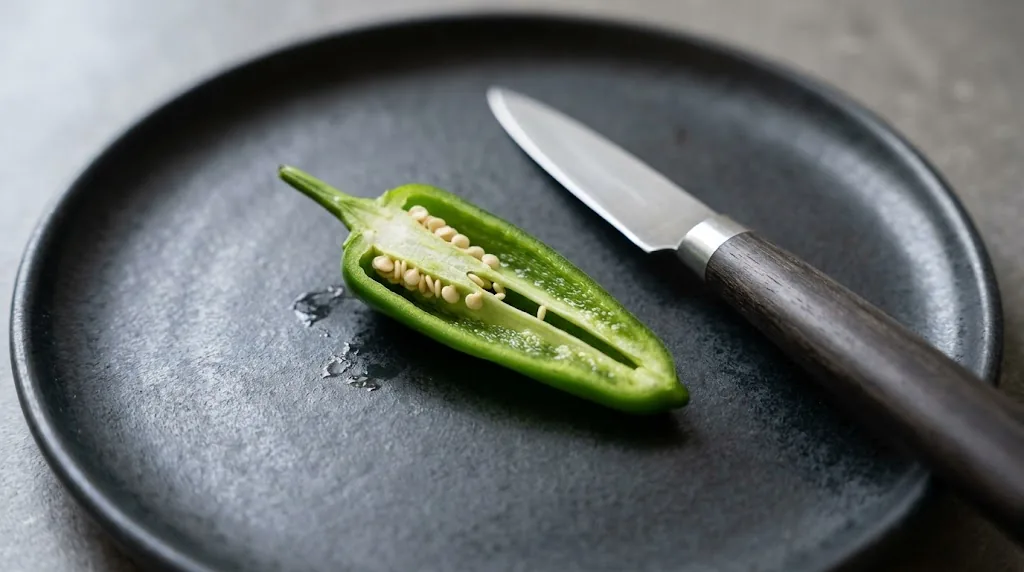 One halved young green Padron pepper on dark ceramic plate showing the thin walls, pale placenta and flat cream seeds
