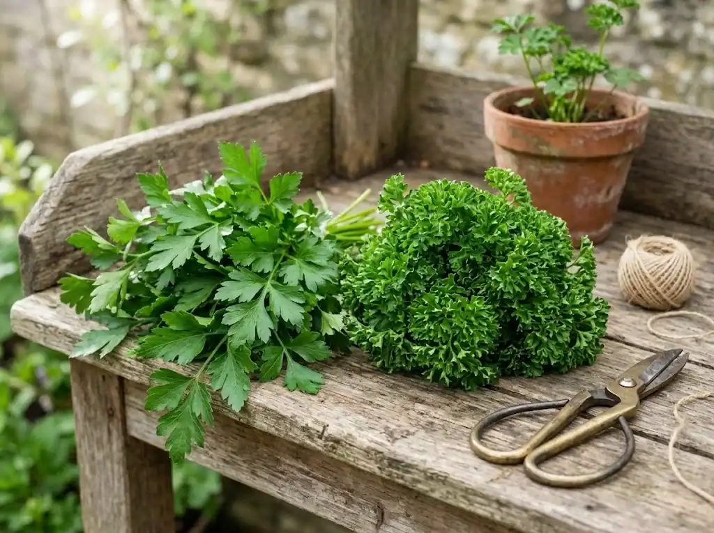 Freshly cut flat-leaf Italian parsley and curly parsley bunches on a potting bench