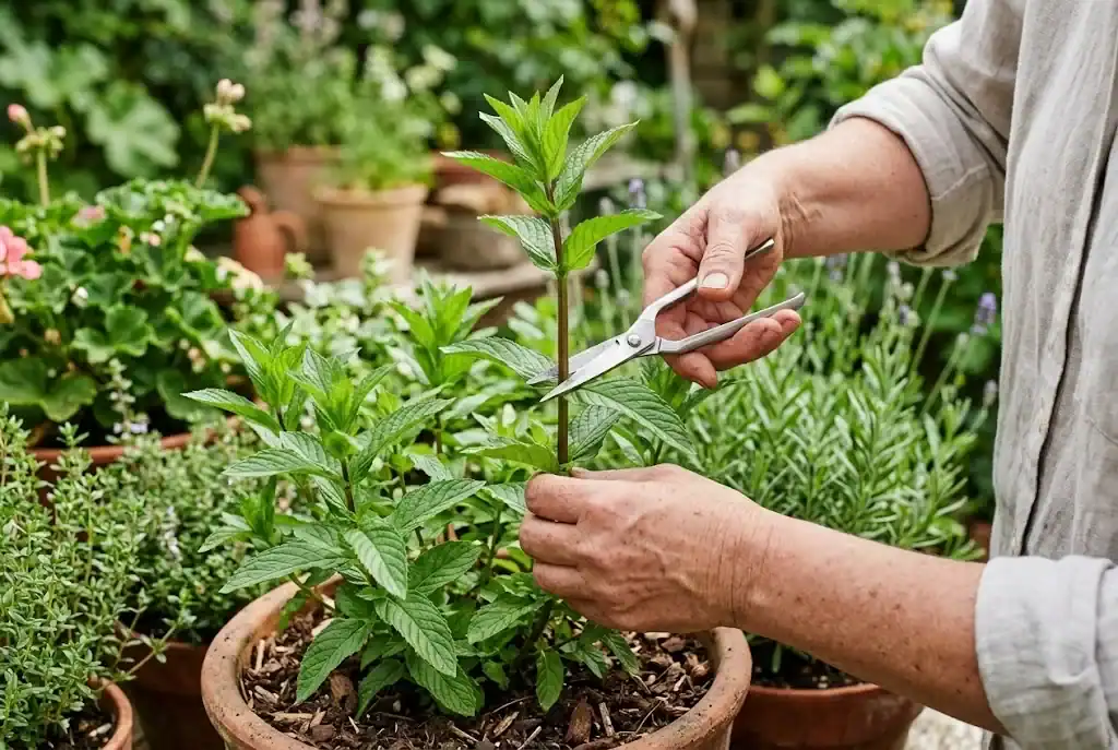 Garden snips cutting a spearmint stem above a pair of leaves