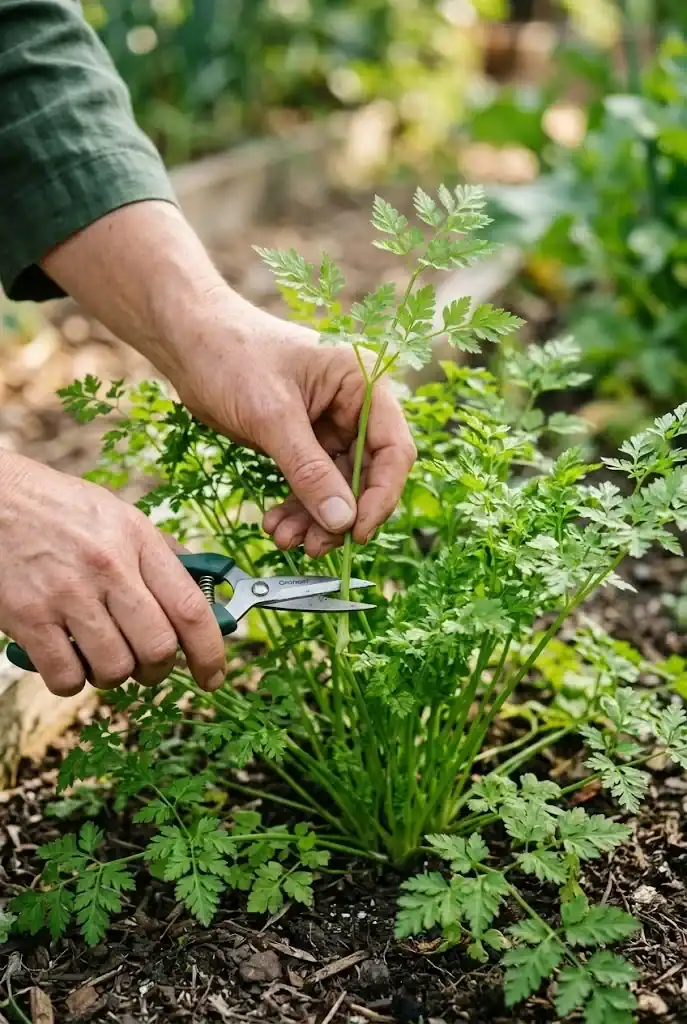 A gardener's fingers pinching an outer chervil stem just above a leaf joint to demonstrate cut-and-come-again